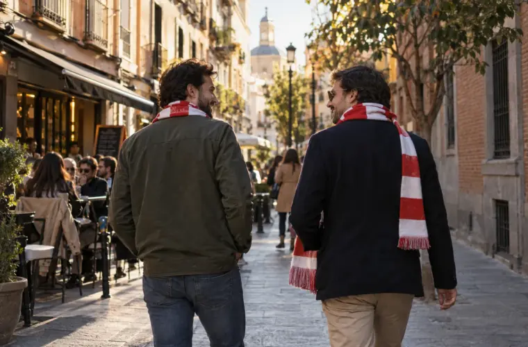 Aficionados adultos con bufandas de rayas rojas y blancas en una calle de estilo madrileño