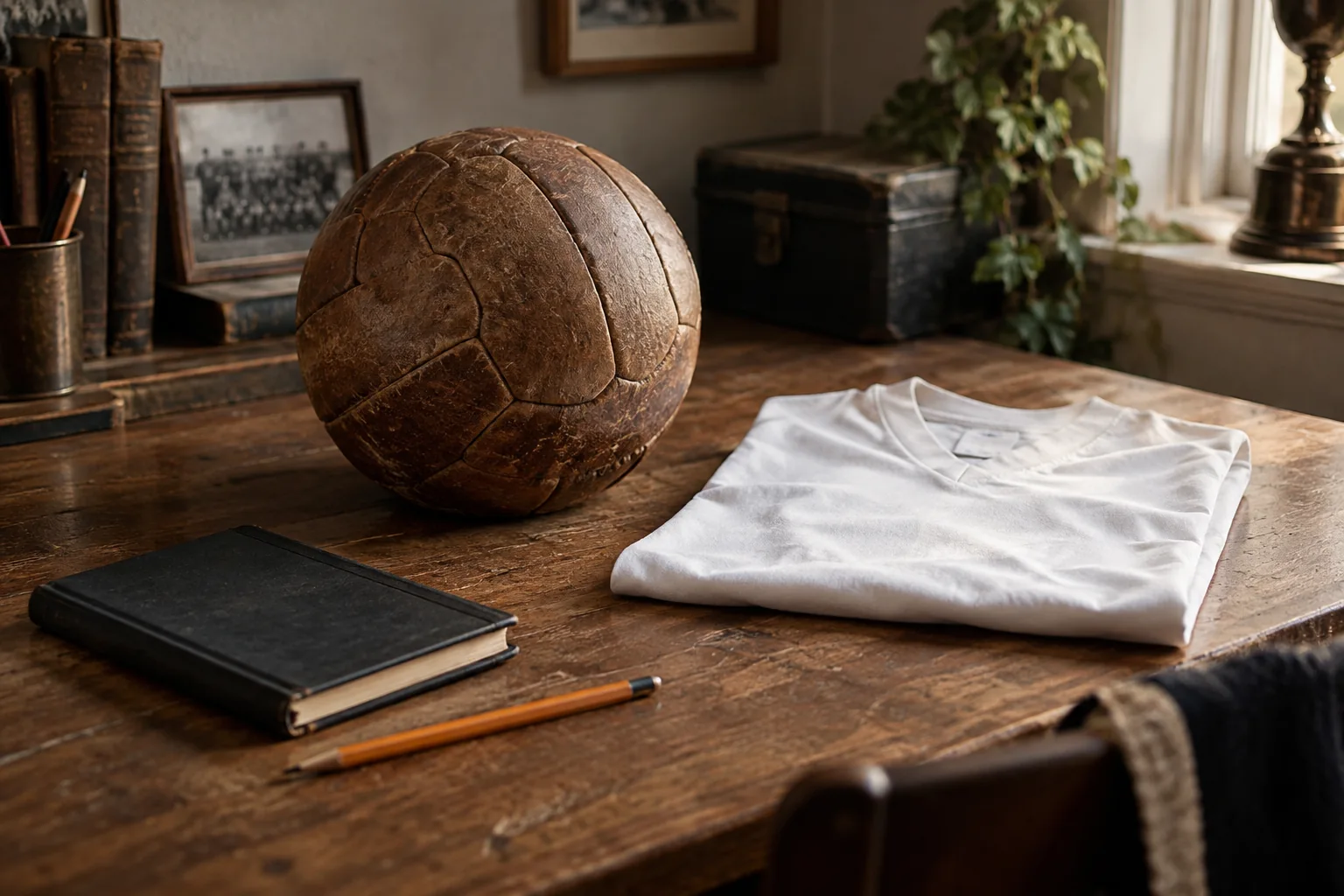 Bola antiga de couro e camiseta branca lisa dobrada sobre uma mesa de madeira