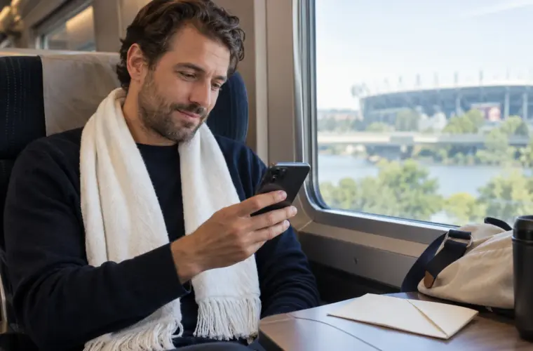 Una persona adulta consulta su móvil en un tren junto a un sobre de papel sin marcas