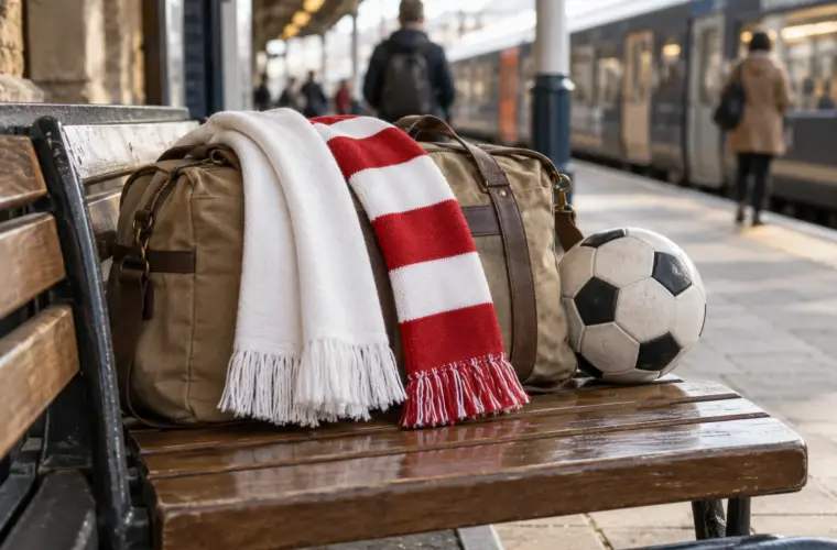 Bufandas blanca y roja a rayas sobre una bolsa de viaje de lona en una estación
