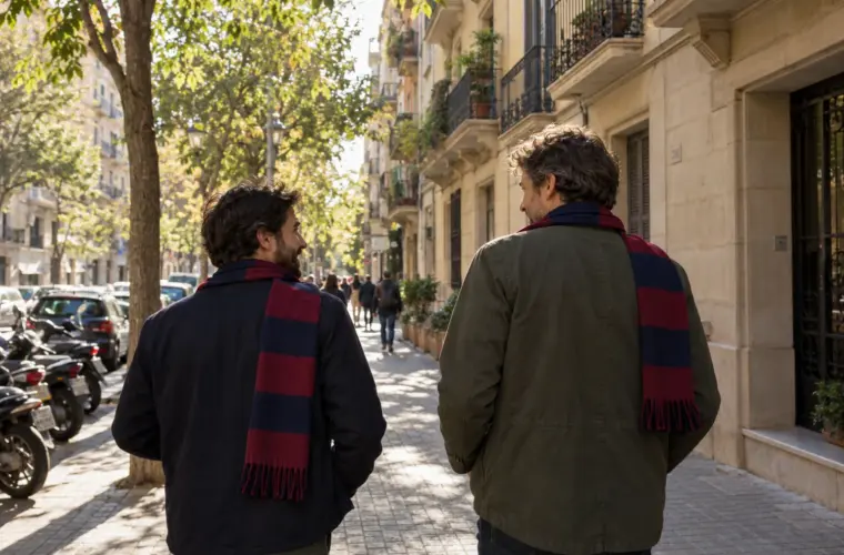 Dos aficionados con bufandas azulgranas pasean por una calle arbolada antes de una salida al fútbol.