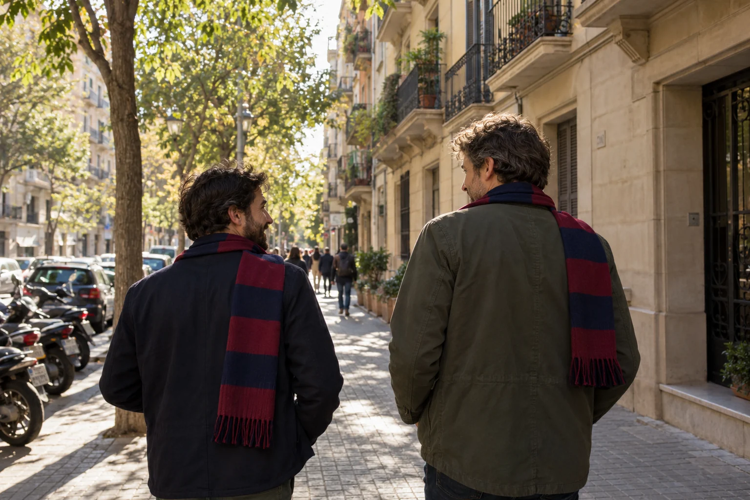 Dos aficionados con bufandas azulgranas pasean por una calle arbolada antes de una salida al fútbol.