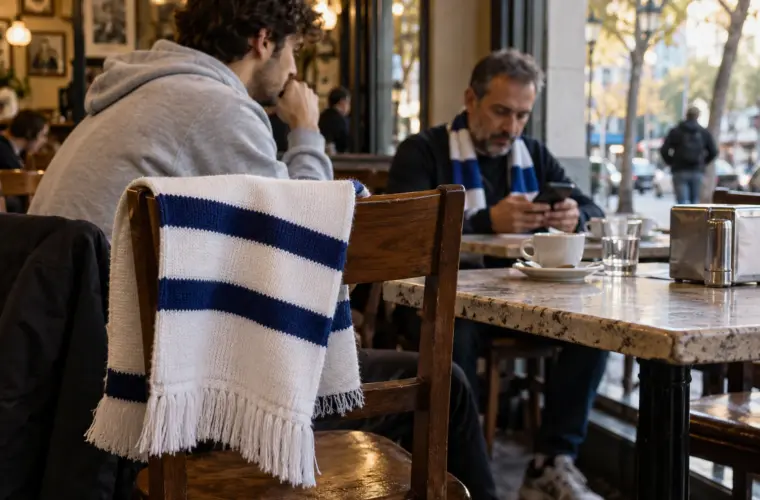 Bufanda blanca y azul sobre una silla de una cafetería mientras unos aficionados preparan una salida al fútbol.