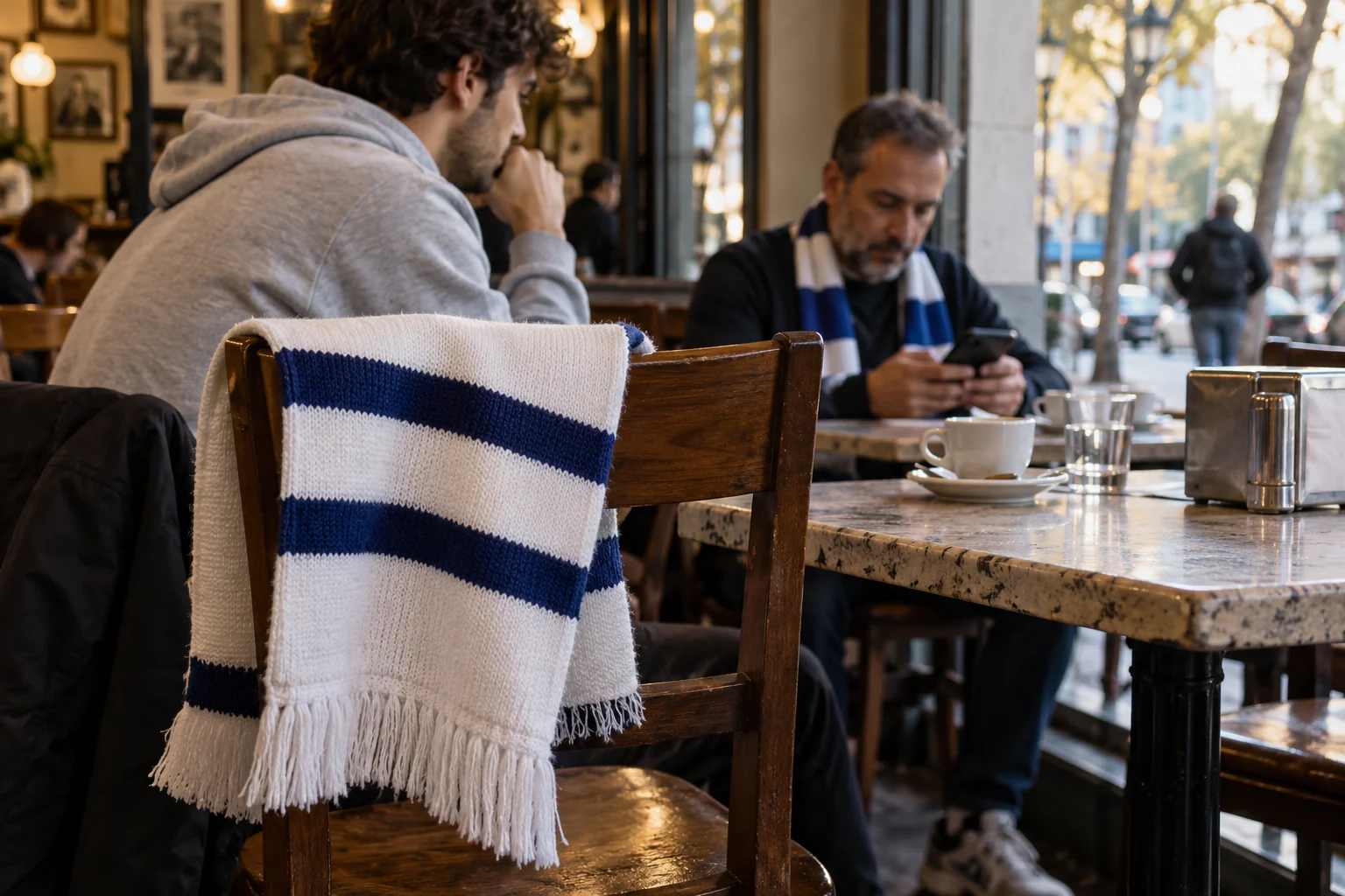 Bufanda blanca y azul sobre una silla de una cafetería mientras unos aficionados preparan una salida al fútbol.